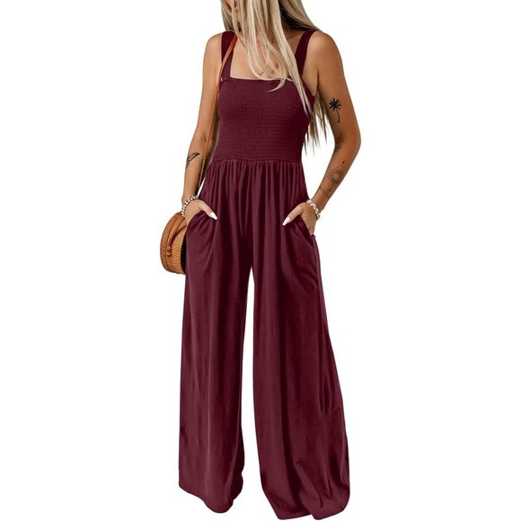 Women's Burgundy One Piece Sleeveless Wide Leg Long Pant Rompers With Pockets - Picture 1 of 6